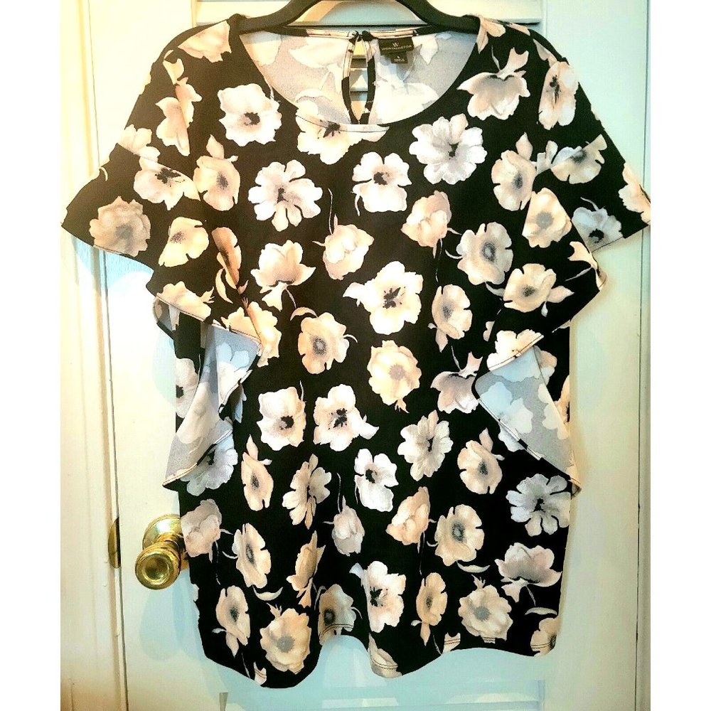 Worthington Black Floral Flutter Sleeve Blouse Women's Large